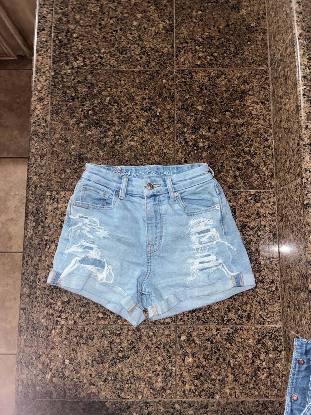 American Eagle High-Waisted Distressed Midi Denim Shorts with Floral Embroidery